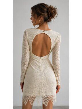 She + Sky Cream Lace Asymmetrical Back Cutout Mini Dress